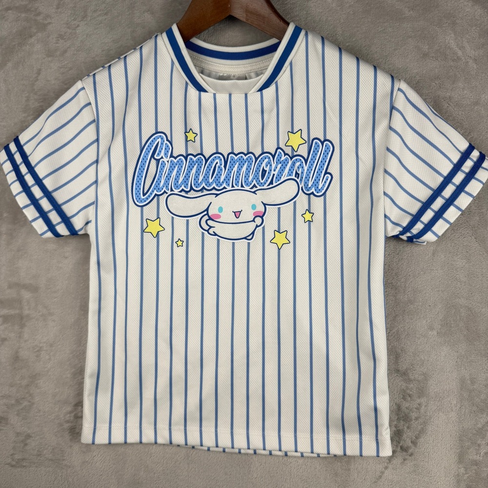Sanrio Cinnamoroll Kids Baseball Jersey Shirt Blue White Pinstripe Mesh Size 6/7